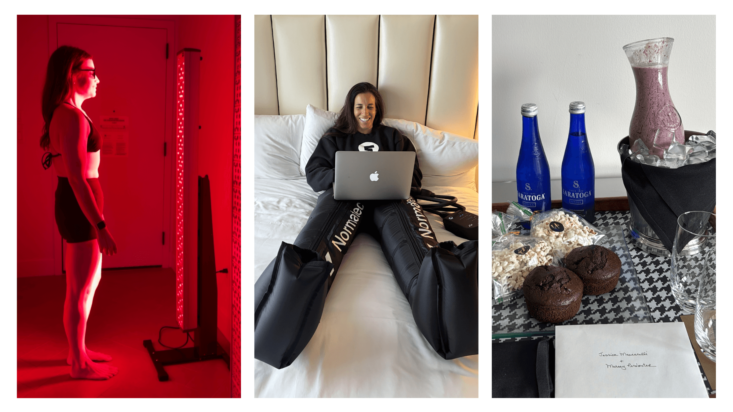 Guest enjoying the in-room Rekovery Session at Hotel Commonwealth featuring wellness recovery tools including compression boots, red light therapy, and views of Fenway Park.
