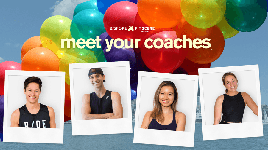 Four instructors leading Fit Scene Boston and B/SPOKE's Pride Party at Tall Ship ahead of the community fitness event.